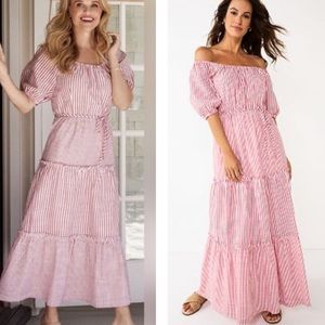 Draper James Red White Striped Off The Shoulder Tiered Prairie Maxi Dress - XS